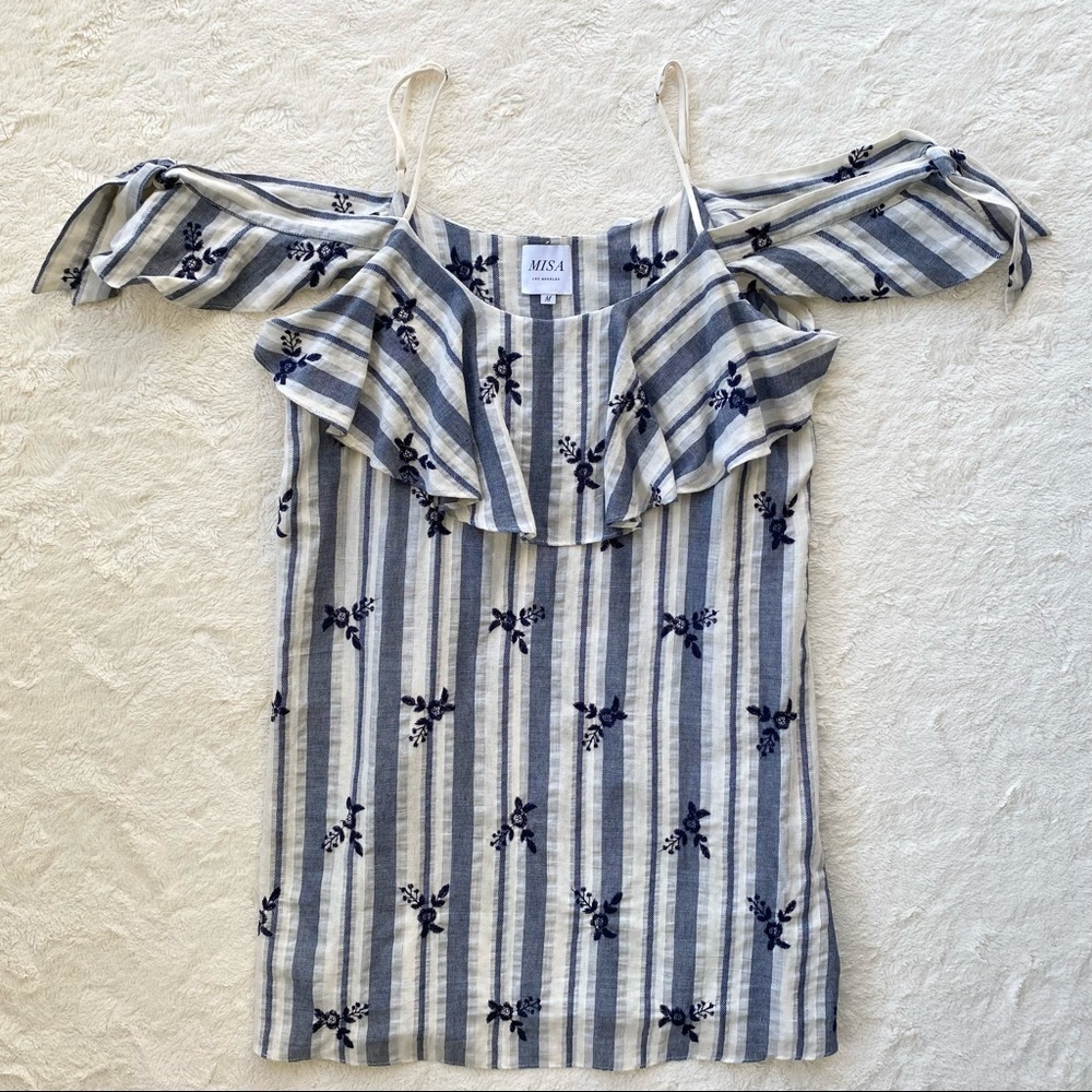 Misa blue floral embroidered striped off shoulder mini dress size medium